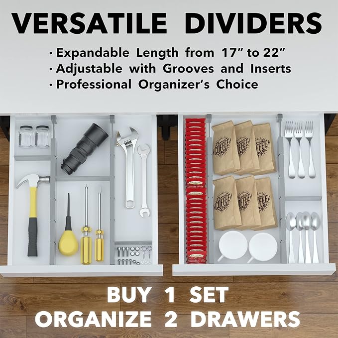 SpaceAid Bamboo Drawer Dividers with Inserts and Labels, Kitchen Adjustable Drawer Organizers, Expandable Organization for Home, Office, Dressers, 4 Dividers with 9 Inserts (17"-22" Gray) - Image 5
