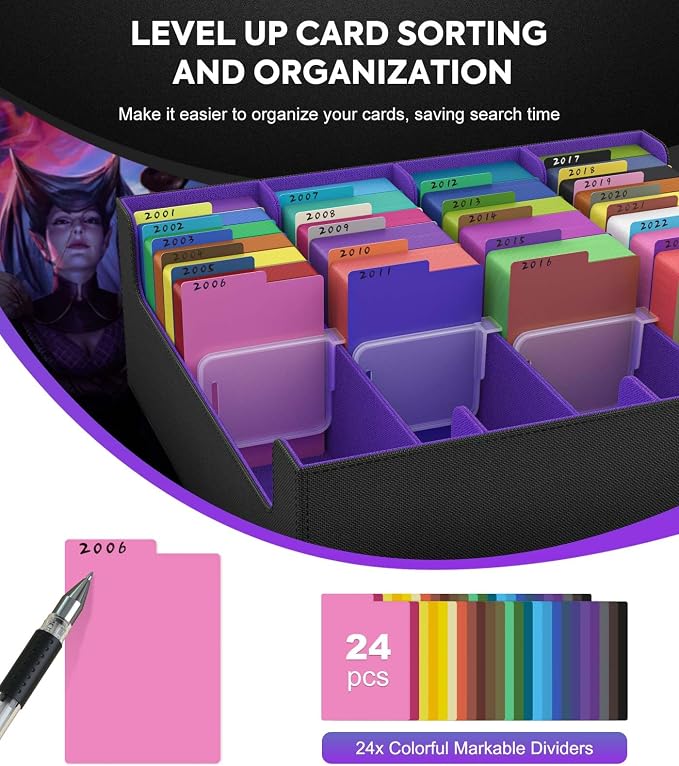 MoKo Trading Card Storage Box for MTG, 3000+ Card Organizer, Black Purple | MTG Deck Box, w/ 24 Colorful Dividers & 4 Card Supporters, MTG Card Storage for Magic Game, TCG, PTG Baseball and Sport Cards - Image 5