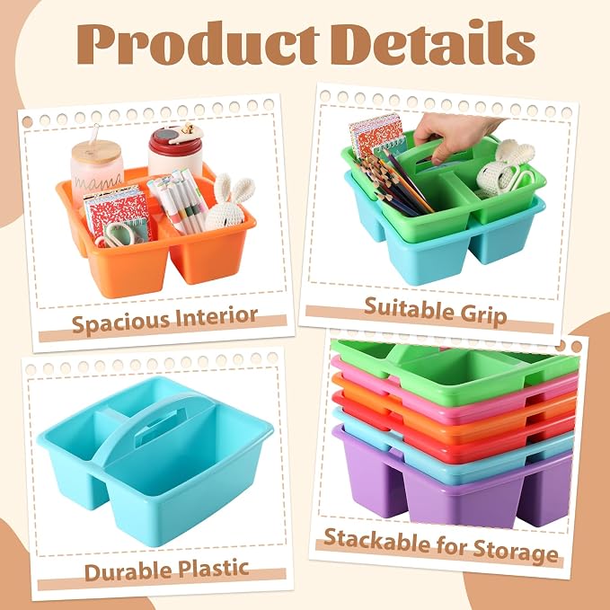 6 Pack 3 Compartment Small Caddy Plastic Classroom Organizer with Handle Portable Teacher Supply Storage Caddy Craft Art Caddies for Pencil, Crayon, Marker, Home, Office, School Supplies(Classic) - Image 3