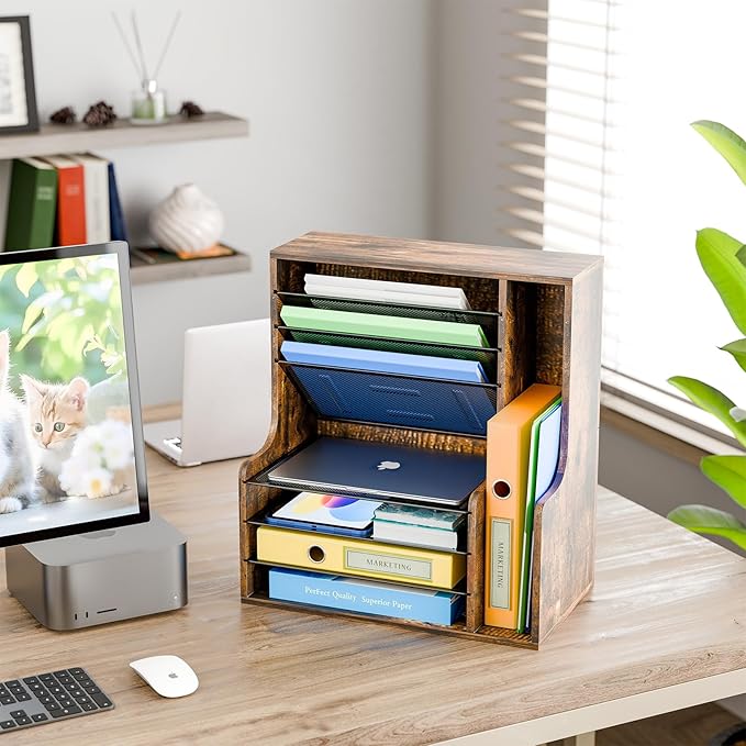 Simple Trending 7- Tier Desk File Organizer, Paper Organizer, Rustic Brown | Adjustable Letter Trays, Wooden Desk Accessories with Side File Holder, for Office Home Classroom, 16"L x 9"W x 17"H - Image 4