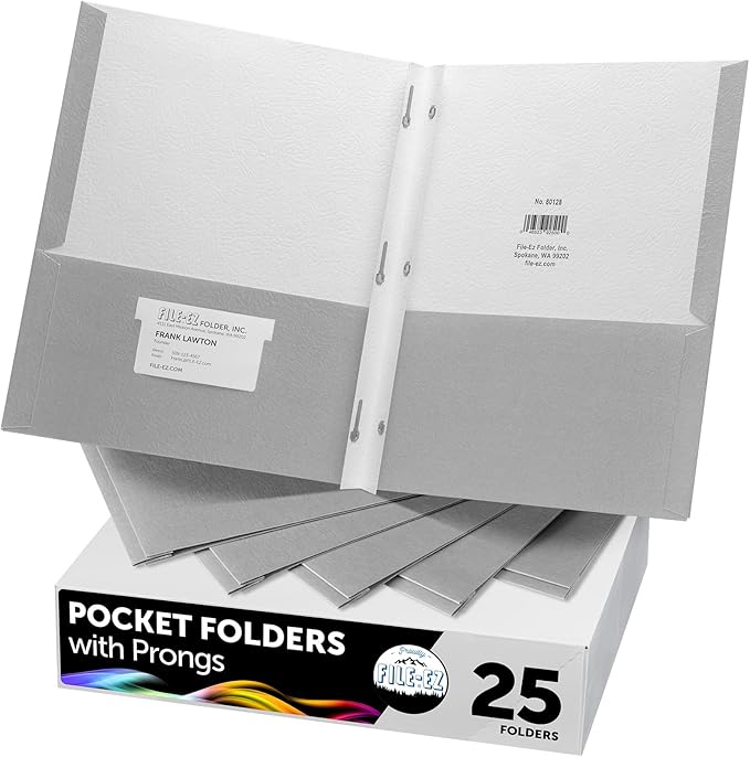 FILE-EZ Two-Pocket Folders with 3-Prong Fasteners, Gray Color, 25-Pack, Durable Textured Paper, Matte Finish, Letter Sheet Size (EZ-92530) by FILE-EZ