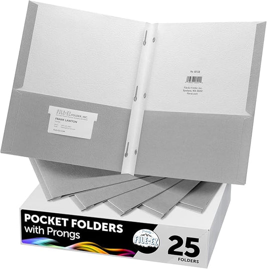 FILE-EZ Two-Pocket Folders with 3-Prong Fasteners, Gray Color, 25-Pack, Durable Textured Paper, Matte Finish, Letter Sheet Size (EZ-92530) by FILE-EZ
