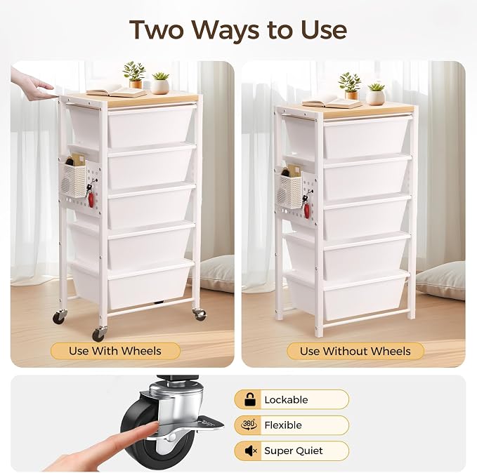 Rolling Cart with 4 Drawers, Plastic Drawer Storage Carts with Wheels & Wooden Tabletop, Metal Utility Cart with Pegboards, Office Living Room Classroom Craft Organization and Storage, Bright White - Image 7