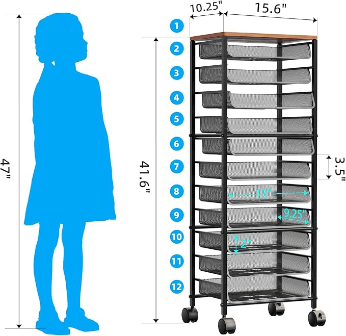 Simple Trending 12-Tier Rolling File Cart, Desk File Organizer with 11 Mesh Sliding Trays, Letter & Legal Paper Storage Rolling Utility Cart for Office Home School, Black - Image 6