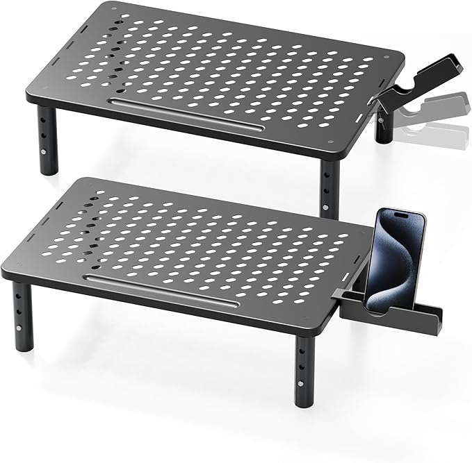 Computer Monitor Stand Riser for Desk, 3 Height Adjustable PC Laptop TV Desktop Monitor Stand Shelf, Metal Printer Table with Phone Holder, Stand Riser for Desk, Office Desk Organizers and Accessories, 2 Pack by Canyora