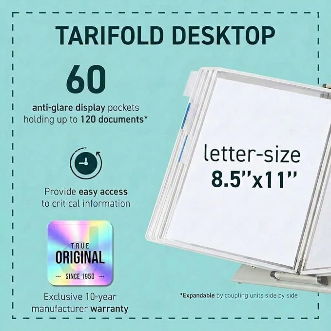 Tarifold Desktop Reference Display System, 60 Pockets, White | 60 Double-Sided PVC Pockets, Holds 120 Letter-Size Sheets, Sturdy Metal Base, Quick-Find Indexing, Quick and Easy to Assemble - Image 2