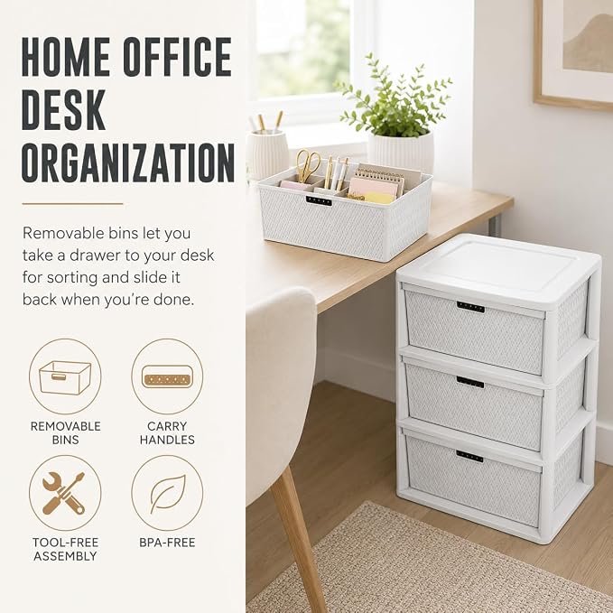2Pack,3-Drawer Storage Tower, Wide Plastic Organizer with Removable Bins | Decorative Weave Design, Tool-Free Assembly, Removable Bins, Carry Handles, Drawer Stops, BPA-Free,White - Image 8