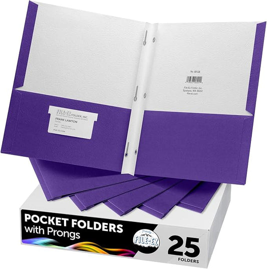 FILE-EZ Two-Pocket Folders with 3-Prong Fasteners, Purple Color, 25-Pack, Durable Textured Paper, Matte Finish, Letter Sheet Size (EZ-92545) by FILE-EZ