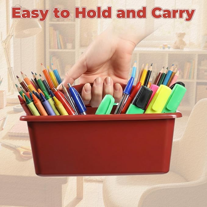Kathfly 12 Pack Classroom Caddy Organizer with Handle, Plastic Art Craft Cleaning Caddy Bulk, Small Multipurpose Supply Organization Storage Basket for Table Desk Office Pencil Teacher (Deep Color) - Image 5