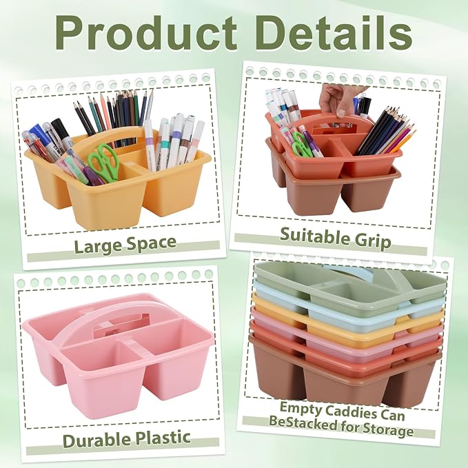 6 Pack Assorted Colors Classrooms Caddy 4 Compartment Classroom Caddy Compartment Caddies Set Table Caddies Classrooms with Handle for Classroom Organization Table Desk Office Supplies(Groovy) - Image 3
