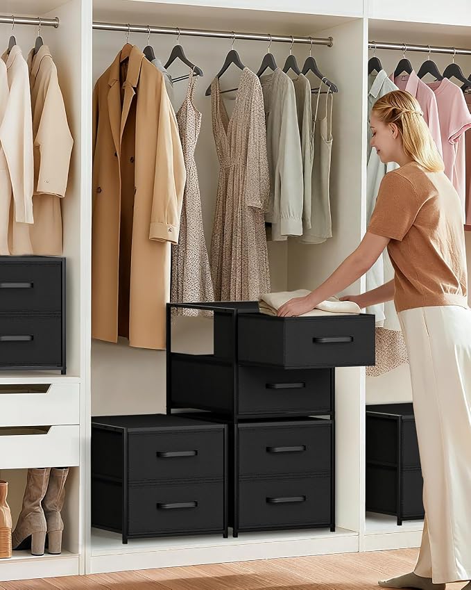 Stackable Storage Drawers - 2 Tier Closet Organizer with Metal Frame and Handles, Fabric Dresser with Collapsible Bins for Bedroom, Dorm, Office, Black, 1 Pack - Image 2