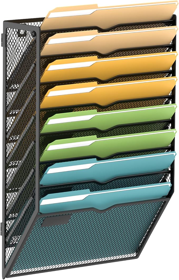 8 Tier Wall File Organizer, Hanging Wall Mounted Mail Organizer with Label Slots, Metal Mesh File Holder Magazine Rack for Office, Home, School or Classroom, Black by SUPEASY