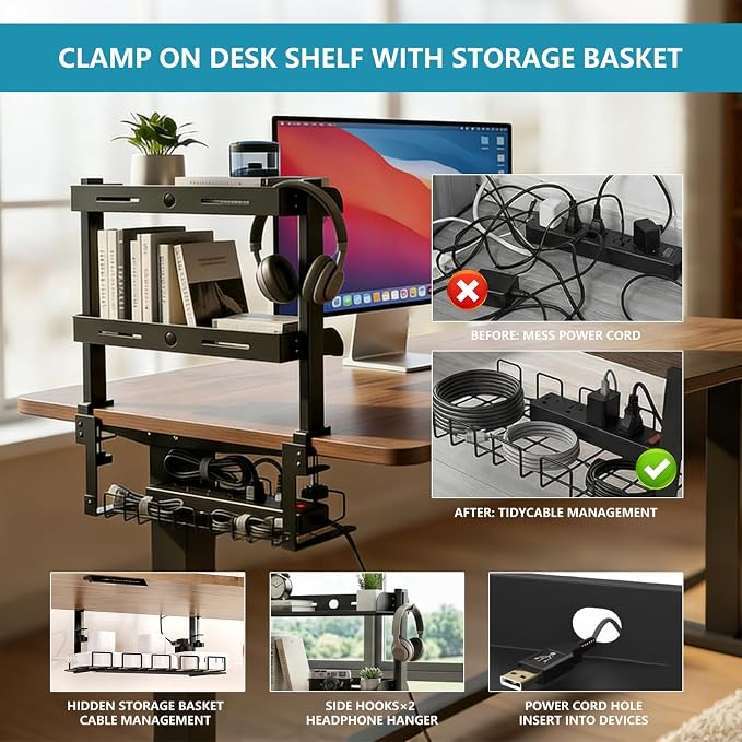 Clamp on Desk Shelf,3 Tier Desktop Organizer,Adjustable Clamp on Desk Top Organizer with Under Desk Hidden Storage Basket&Hooks,No Drilling Desk Clamp Storage Shelves for Working Gaming Accessories - Image 6