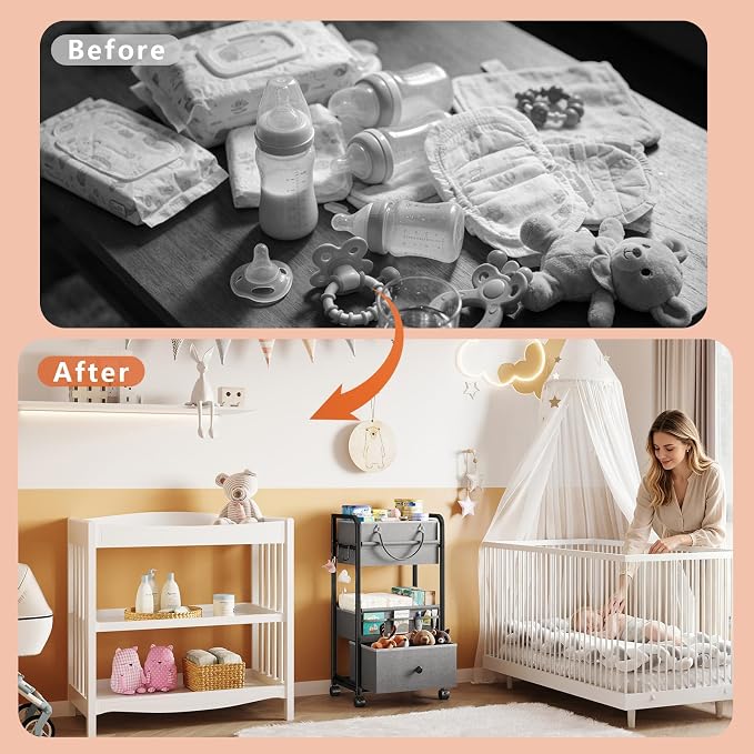 Cidaziya 3In1 Baby Diaper Caddy Organizer, 3 Tier Rolling Cart with Drawer, Detachable Dividers, Mobile Utility Cart Baby Dresser Clothes Organizer for Crib, Bedroom, Art & Craft Storage, Grey - Image 2