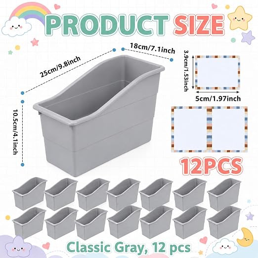 12 Pack Large Book Bins, Durable Magazine Organizer File Holder Quality Plastic Book Storage Bins with Labels for Classroom Library, Office, Desktop Organization, Bookshelf Categorization (Grey) - Image 2