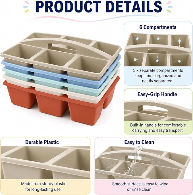 gisgfim 6 Pack Plastic Classroom Caddy with 6-Compartments Plastic Storage Caddies with Handle 6 Compartments Table Caddy Organizer Versatile Table Caddies for Classroom Office Storage, Morandi Color - Image 3