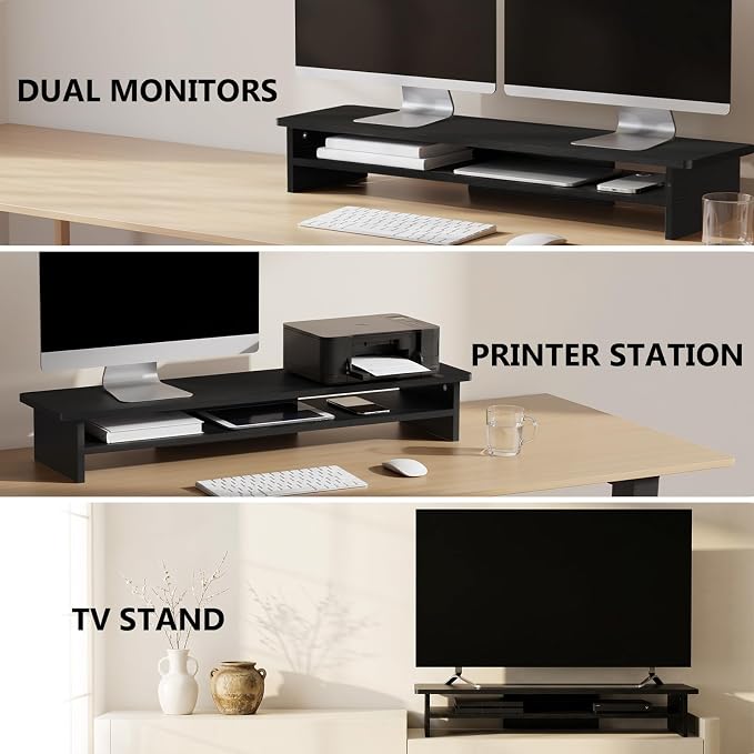 WALI 42 inch Large Wood Dual Monitor Stand Riser with Storage, up to 88lbs | Multi-Purpose Computer Stands, 2 Tier Desktop Organizer Desk Shelf for Home Office PC, Laptop, Printer, TV (WTT001), Black - Image 5