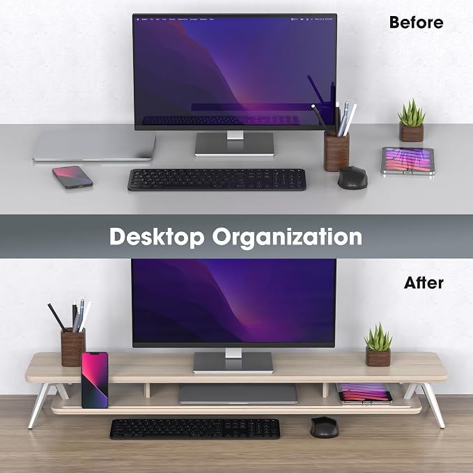 Fenge Dual Monitor Stand Riser, Wooden Desk Shelf with 2-Tier Storage | 42.5-Inch Wide, Sturdy Aluminum Legs, Built-In Phone & Tablet Slot, Desktop Organizer for Office Accessories - Image 8