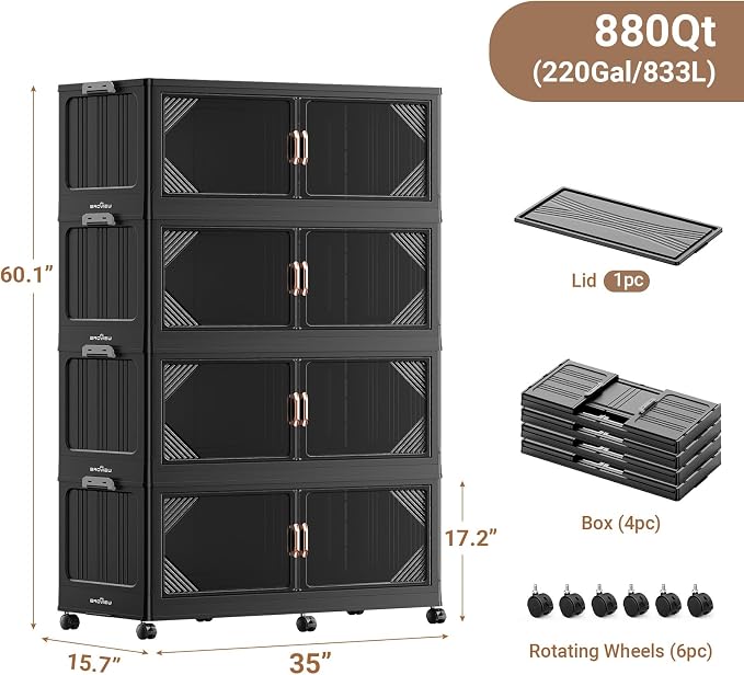 BROVIEW V60 880QT Plastic Stackable Storage Bins with Lid, 4Pack Black | 220Gal Extra Large Closet Organizers Collapsible Cabinets Boxes With Drawer, Foldable Container with 6x Wheels for Home - Image 2