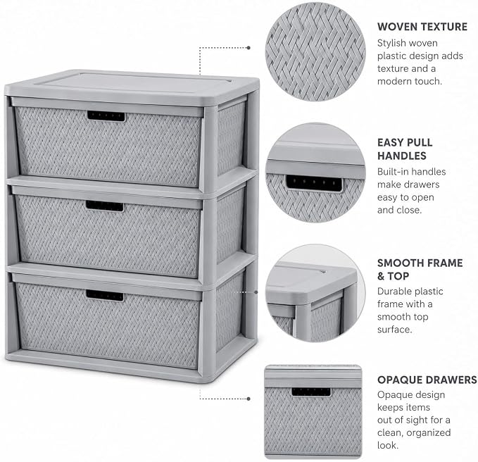 3-Drawer Storage Tower, Gray Woven Plastic Organizer with Pull Handles - Image 5