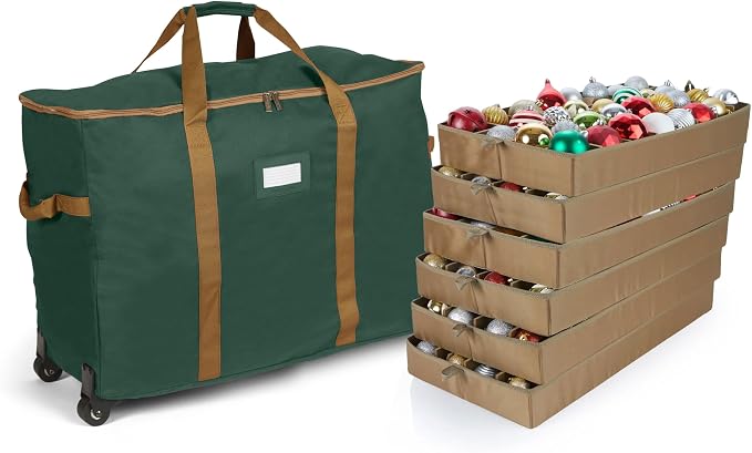 Covermates Keepsakes Rolling Adjustable Ornament Storage Bag – Heavy-Duty Polyester, FlexGrid Trays & Padded Dividers – Protective Holiday Organizer with Wheels, Handles & ID Window, Green by Covermates