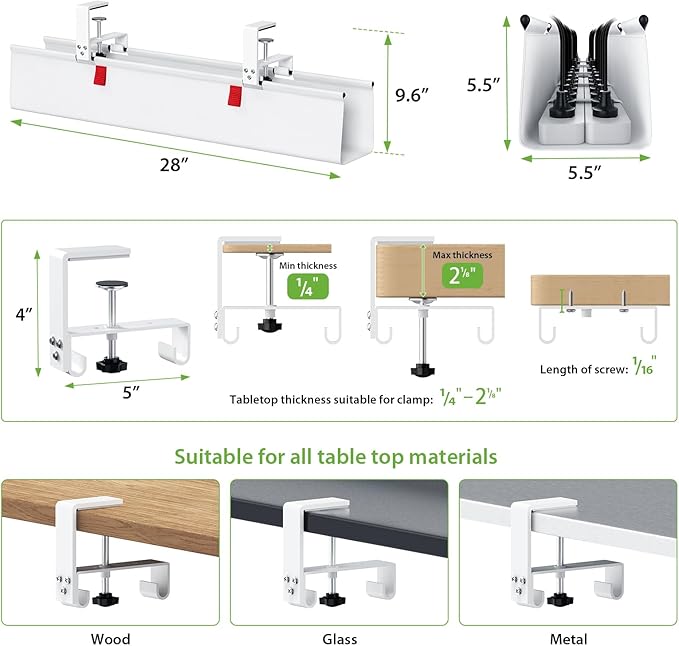 KEEGH No Drill Under Desk Cable Management Tray - 28" Cord Management Under Desk - Clamp/Screw Mount - Support Upto 70lbs - Fabric Wire Management - Gaming/PC Cable Raceways for Office/Home, White