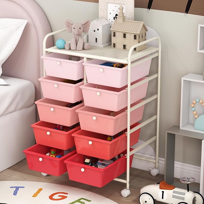 COSTWAY 10 Drawer Rolling Storage Cart, Utility Cart with Lockable Wheels | Mobile Art Supply Craft Organizer with Metal Frame, Multipurpose Drawer Cart for Paper for Office, School, Mixed Pink - Image 9