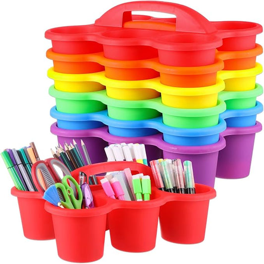6 Pack Classroom Caddy Organizer with Handle Colorful Plastic Table Caddy Drink Cup Caddies Holder 12×9×3.5 Inches Storage School Supplies 6 Compartments for Table Crayon Pencil Cup Marker Craft by gisgfim