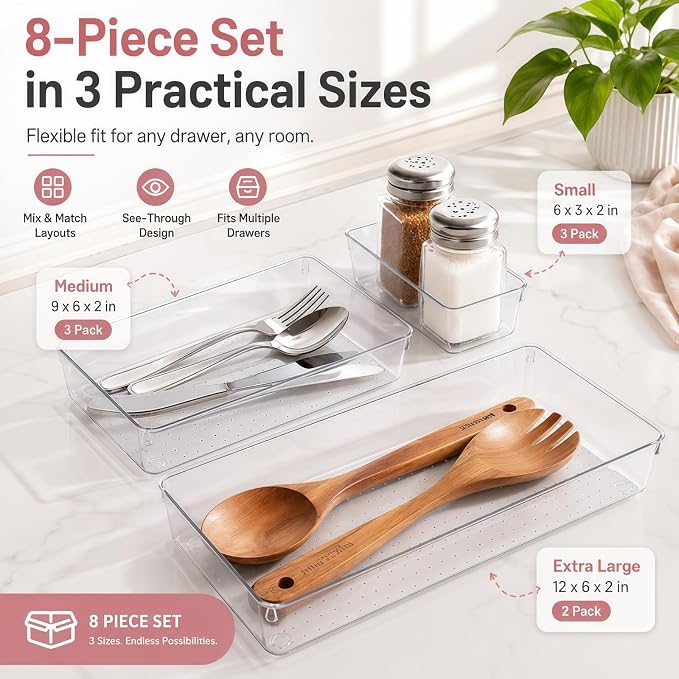 8 Pack Large Clear Plastic Drawer Organizer Bins - Acrylic Bathroom Drawer Organizer Trays - Heavy Duty Kitchen Drawer Dividers for Utensils - Non-Slip Storage Bins for Makeup, Bedroom, Office Desk - Image 2