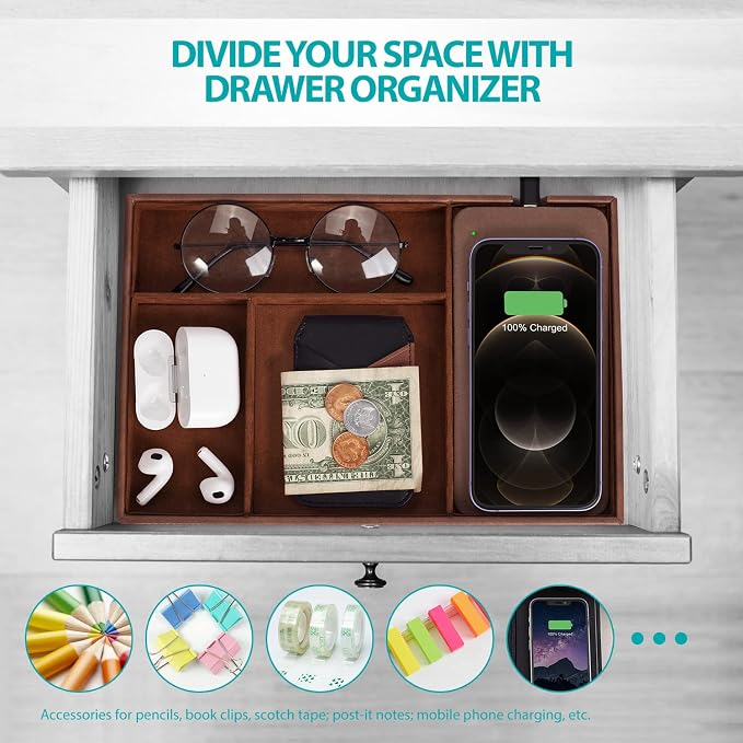 Valet Tray, Built in Wireless Charging Pad, Nightstand Organizer, Dresser Organizer, Mens Jewelry Box, Valet Charging Station, Faux Leather Valet Tray for Men and Women, Brown - Image 4