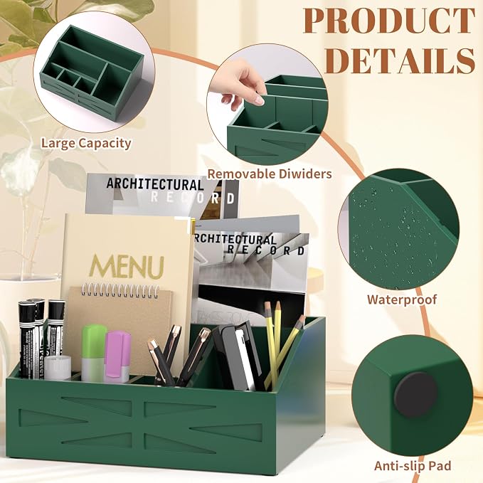 Wood Mail Organizer Countertop,Farmhouse Desk and Kitchen Countertop Storage, Letter Sorter, Desk Mail and Bill Organizer, Desktop File and Paper Holder (Green) - Image 3