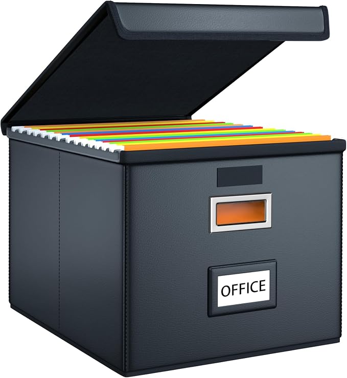 File Organizer Box with Lids, Collapsible File Folder Organizer | File Box with Plastic Slides for Document, Filing Bin for Letter Size Hanging File Folders (4 Pack, Black, Leather) by Huolewa