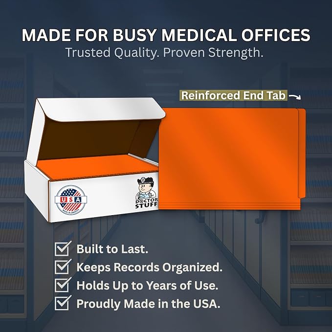 Orange File Folders, Doctor Stuff, Legal Size Reinforced End Tab Folder with 2" Bonded Fastener on Inside Front and Back, 14 pt Stock, Box of 50 - Image 8