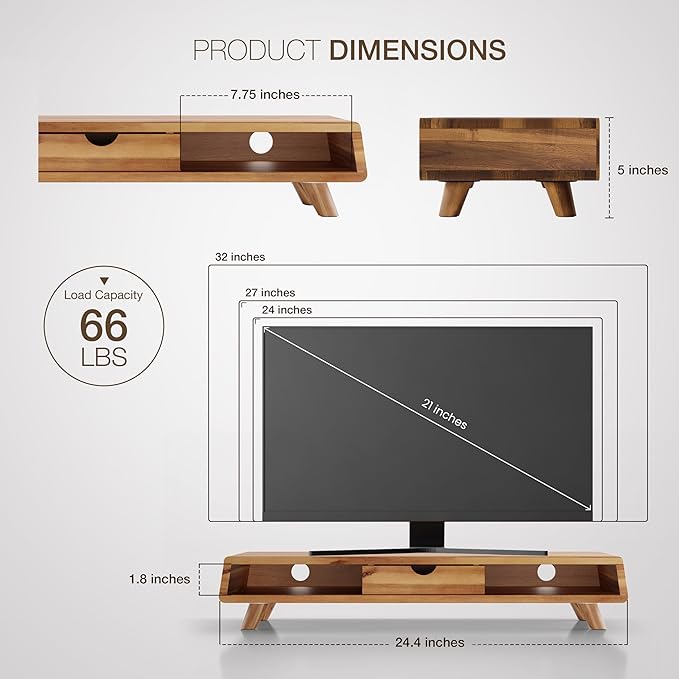 Tinamo Acacia Monitor Stand with Drawer, Multi-Purpose Storage (Patented) | Acacia Wood, Fits Monitors up to 32", Built-in Drawer, Hidden Storage, Non-slip, Round Edge, Ergonomic Height, Easy Assembly - Image 2