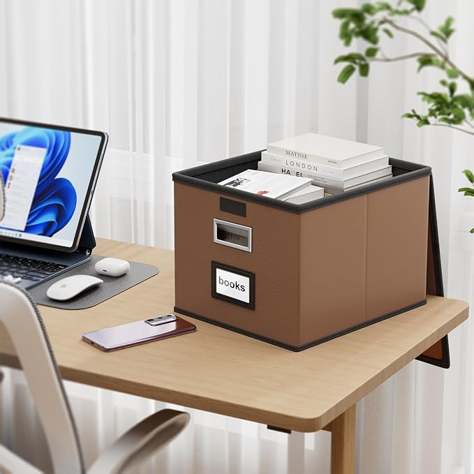 File Organizer Box with Lids, Collapsible File Folder Organizer | File Box with Plastic Slides for Document, Filing Bin for Letter Size Hanging File Folders (4 Pack, Brown, Leather) - Image 2