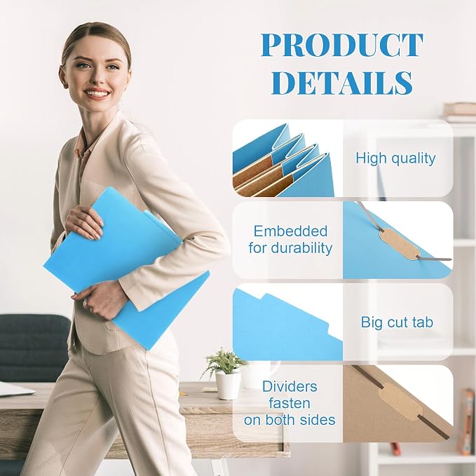 Skyygemm 12 Pcs Classification Folders 3 Pocket Dividers Letter Size Employee File Folder with 2 Prong Fasteners 2 in Expansion Pressboard Medical Document Organizers Bulk for School Office(Blue) - Image 5