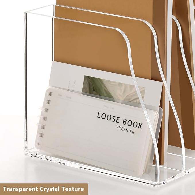 Acrylic Magazine File Holder - 5 Vertical Compartments Clear Desk Document Sorter Organizer, No Assembly 5mm Thick Folder Rack Binder for Office Home Classroom, Holds Books, Planners & Greeting Cards - Image 5