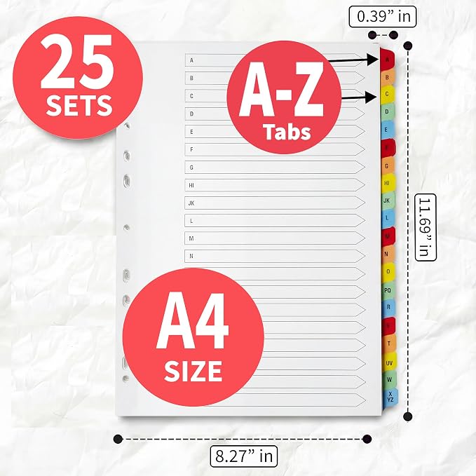 The Paper Shop A-Z Dividers for 3 Ring Binder - A4 (25 Pack) | Alphabet Binder Dividers with Tabs for Office School & Classroom | A-Z Alphabetical Index Tabs 150gsm | Bulk Colour-Coded 25-Pack - Image 2