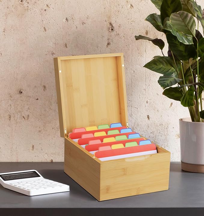 Neando Extra-Large Bamboo Index Card Organizer for 5x8 Cards – Wooden Storage Box with Lid, 4 Compartments, 600-Card Capacity, Includes 20 Tabbed Guides – Natural Filing Box for Home & Office - Image 7