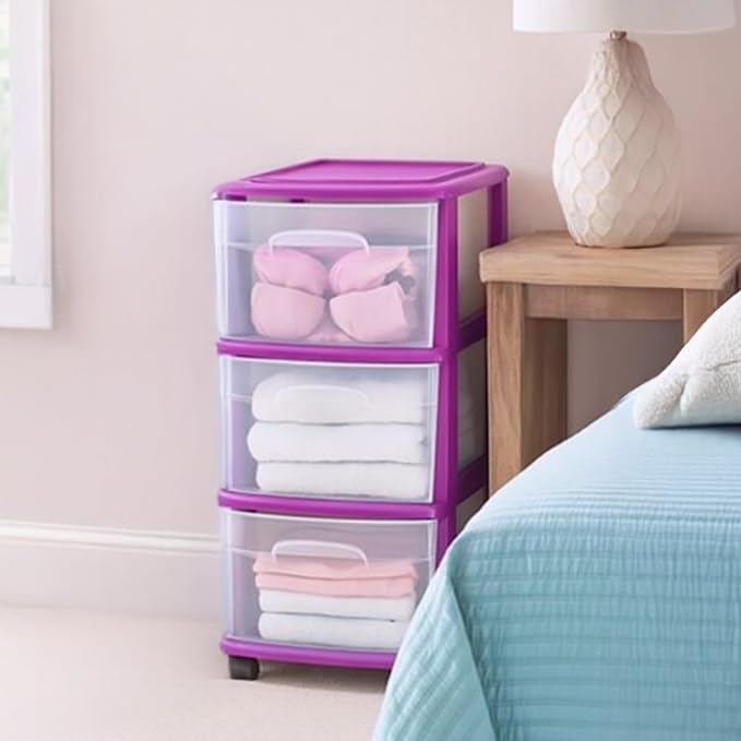 HOMZ Drawer Tower, 3-Tier Clear Plastic Storage Organizer Cart, Purple Frame - Rolling Drawer Containers with Wheels for Bathroom, Bedroom, Office, and Classroom Organization - Image 2