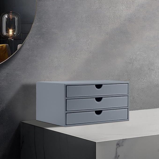 PU Leather Desk Organizer with 3 Drawers,Executive Office Supplies Desktop Filing A4 File Cabinet/Holder for Jewelry/Bill/Paper/Documents/Makeup Home Decor Stationery Storage Box,Grey - Image 6