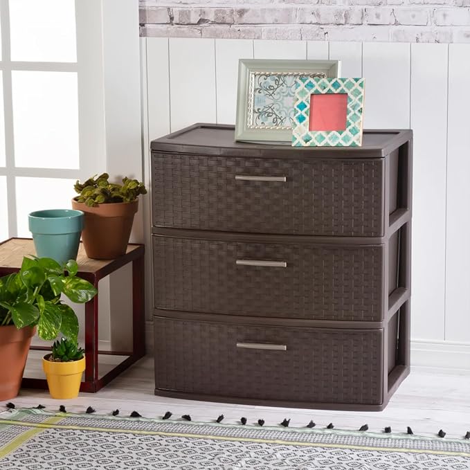 Sterilite Wide 3 Drawer Weave Tower, Home Organizer, Espresso | Organizing Plastic Drawers and Containers for Home, Office, Desk, Clothes, Dresser, Kitchen, and Pantry - Image 2
