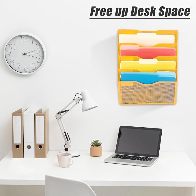 5 Pocket Mesh Hanging Wall File Organizer, Wall Mounted Mail Paper Document Folder Holder, Clipboard Storage Organization Magazine Rack with Nametag Label for Office Home School, Yellow - Image 7
