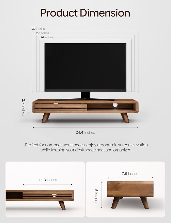 Tinamo 24" Wood Monitor Stand Riser with Sliding Door and Cable Management | Acacia Wood, Ergonomic Design, Fits Most 24"-32" Monitors, Non-slip, Hidden Multi-purpose Storage, All Hardware Included - Image 2