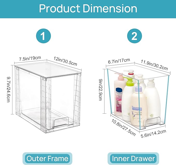 Vtopmart 2 Pack Clear Stackable Storage Drawers,9.7" High Plastic Organizers Bins for Skincare, Bathroom Supplies,Ideal for Cabinet,Undersink,Vanity,Kitchen,Pantry Organization - Image 3