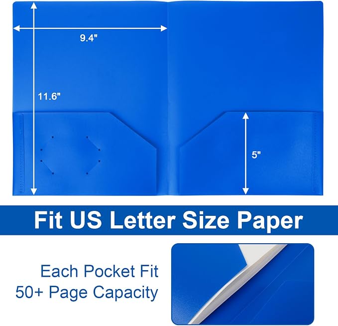 12-Pack Plastic Folders with Pockets,2-Pocket Poly Folders Holds 8-1/2" x 11" Paper for School/Office/Home, Blue - Image 4