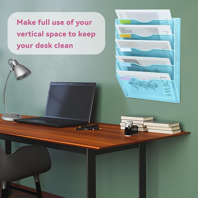 5 Pockets Mesh Wall File Holder Organizer Office Hanging File Folder Magazine Rack, Nametag Label Hooks Set Included (Blue) - Image 6