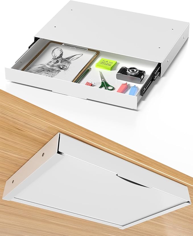 Under Desk Storage Drawer, 14.8" Wide Slide Out Under Desk Drawer | Max Load 17.6 Lbs, Quiet Glide, for Standing Desks & Home Offices, Heavy Duty Steel, White by PUTILSENMOUNT