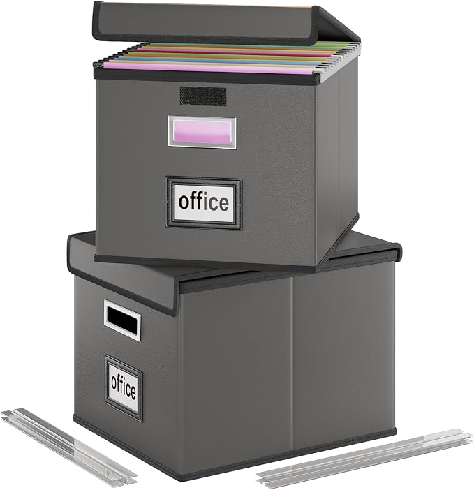 File Organizer Box with Lids, Collapsible File Folder Organizer | File Box with Plastic Slides for Document, Filing Bin for Letter Size Hanging File Folders (2 Pack, Dark Gray, Leather) by Huolewa