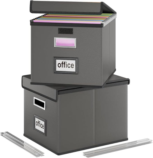 File Organizer Box with Lids, Collapsible File Folder Organizer | File Box with Plastic Slides for Document, Filing Bin for Letter Size Hanging File Folders (2 Pack, Dark Gray, Leather) by Huolewa